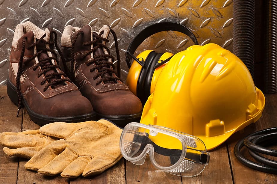 Certified safety boots, hard hat, gloves, goggles, and hearing protection